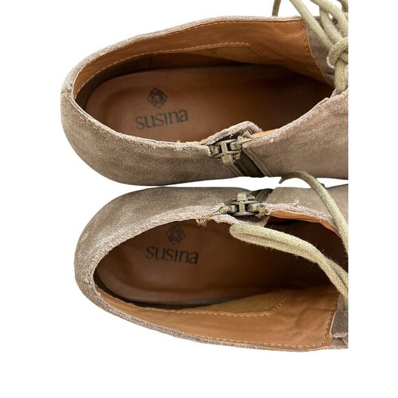 Susina Taupe Suede Leather Peep Toe Lace-Up Block Heel Ankle Booties Size 9 - Picture 5 of 12